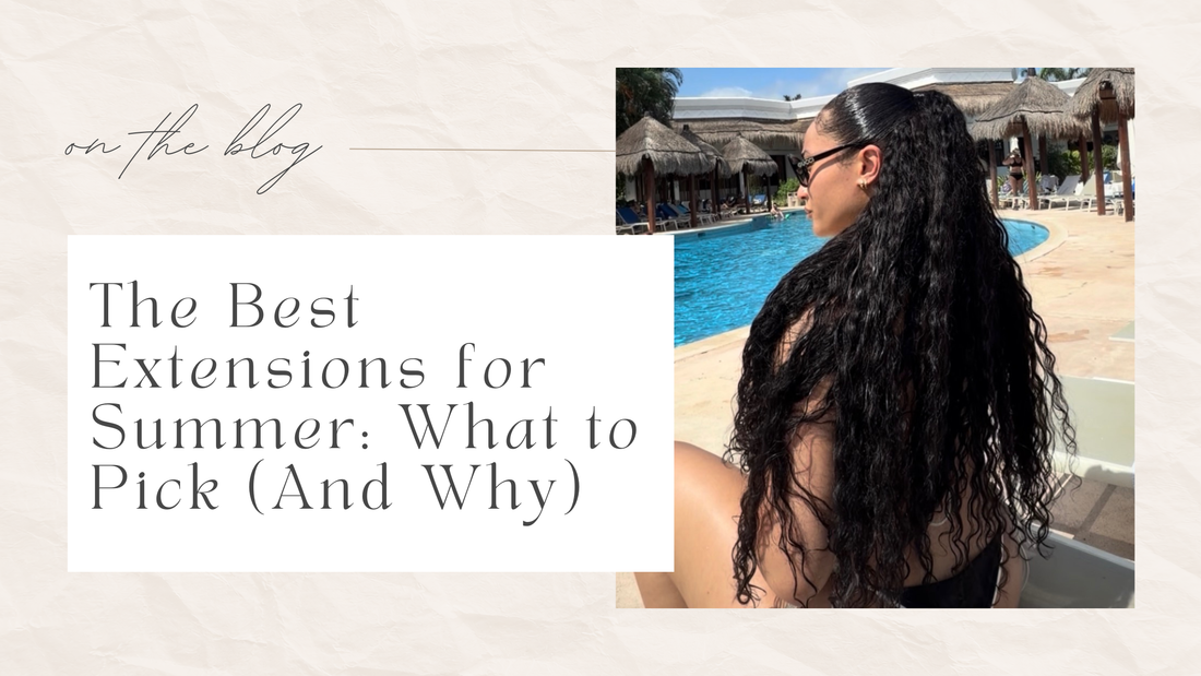 Woman with wavy 100% human hair extensions from Sleek by Hailey is sitting by the pool during the summer.