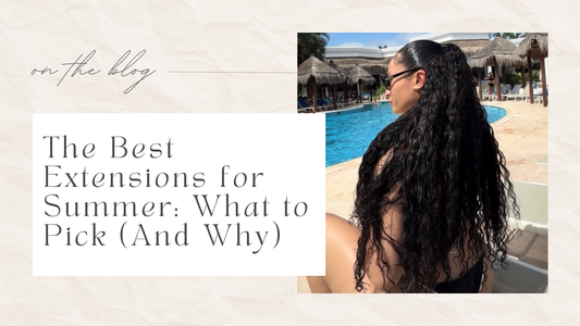 Woman with wavy 100% human hair extensions from Sleek by Hailey is sitting by the pool during the summer.