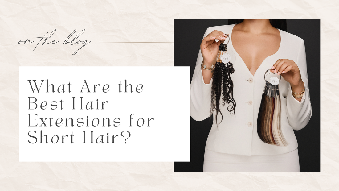 Human hair extension options for curly, coily, and straight hair types for short hair being held by Sleek by Hailey