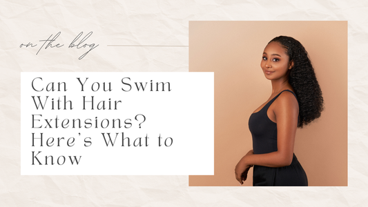 Woman with curly hair extensions looking at the camera with a slight smile while sharing tips on swimming with hair extensions.