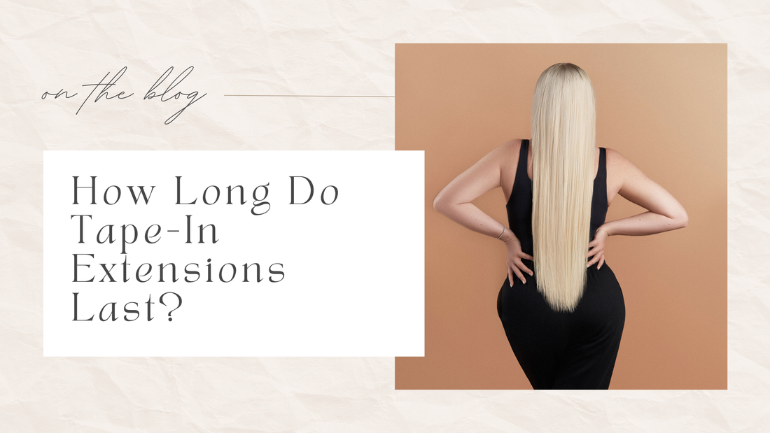 Woman with blonde tape-in hair extensions from Sleek by Hailey wearing a black dress in front of a warm background.
