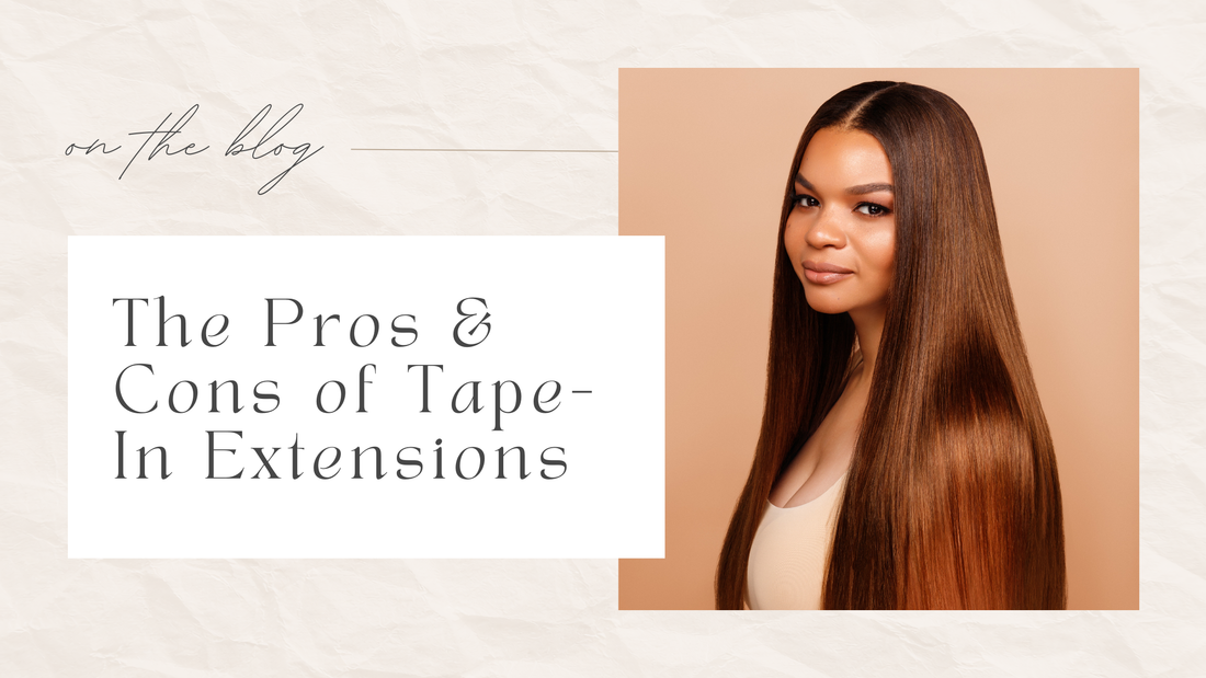 Alt. Image Description: Brunette woman considering tape-in extensions looking at the camera and smiling in front of a warm background.